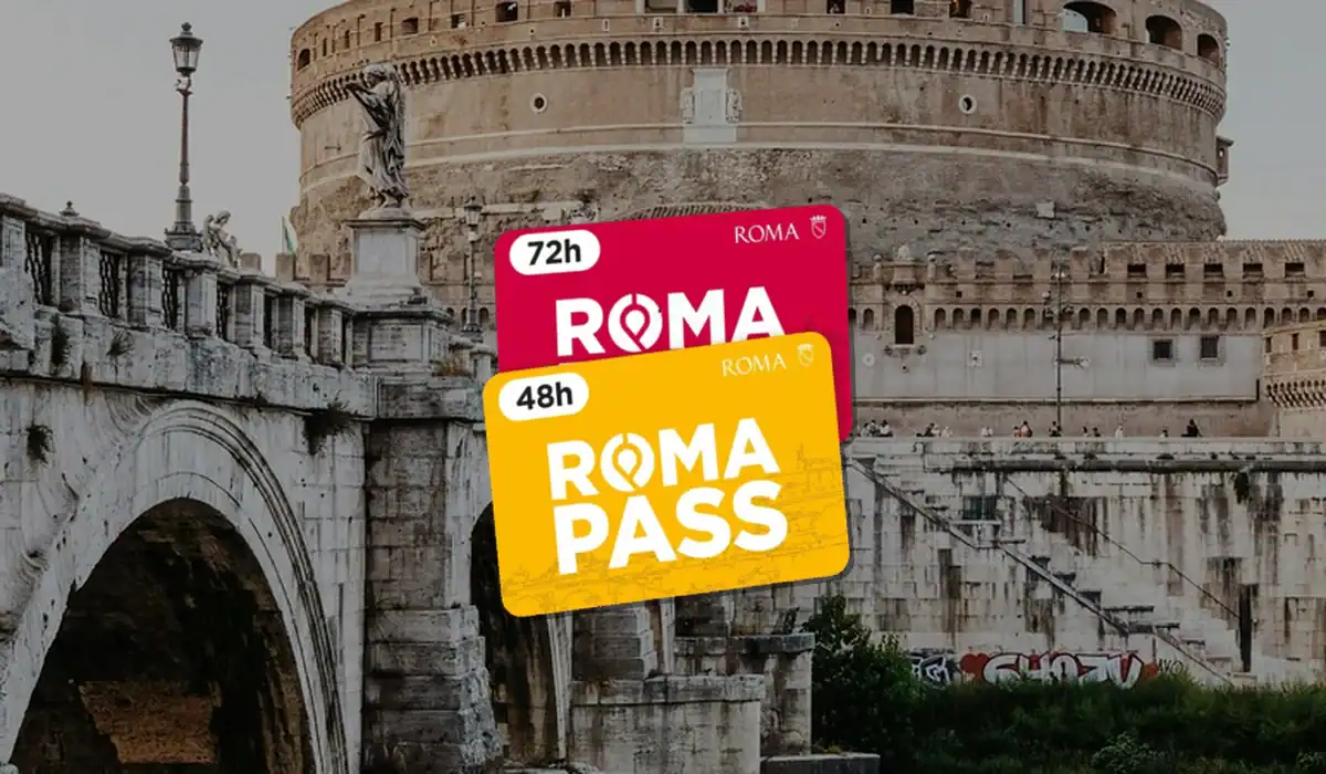 Castel Sant'Angelo and Ponte Sant'Angelo with Roma Pass logo in the foreground